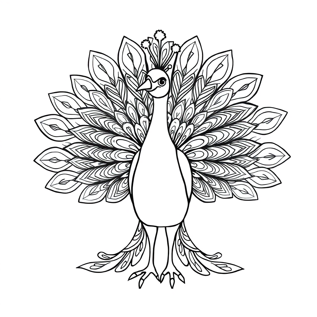 Zentangle Style Peacock With Feathers Spread Coloring Page