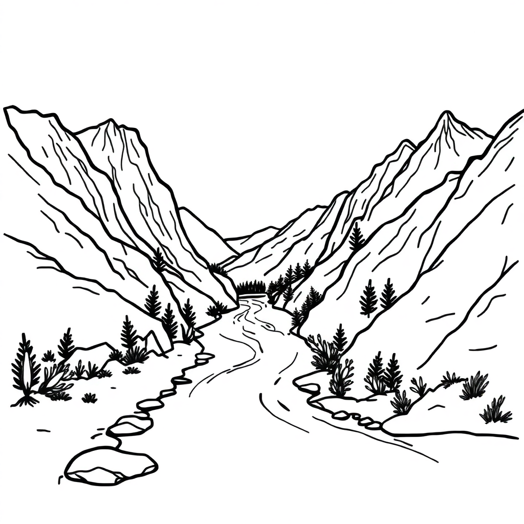 Zentangle Style River Through Mountains Coloring Page