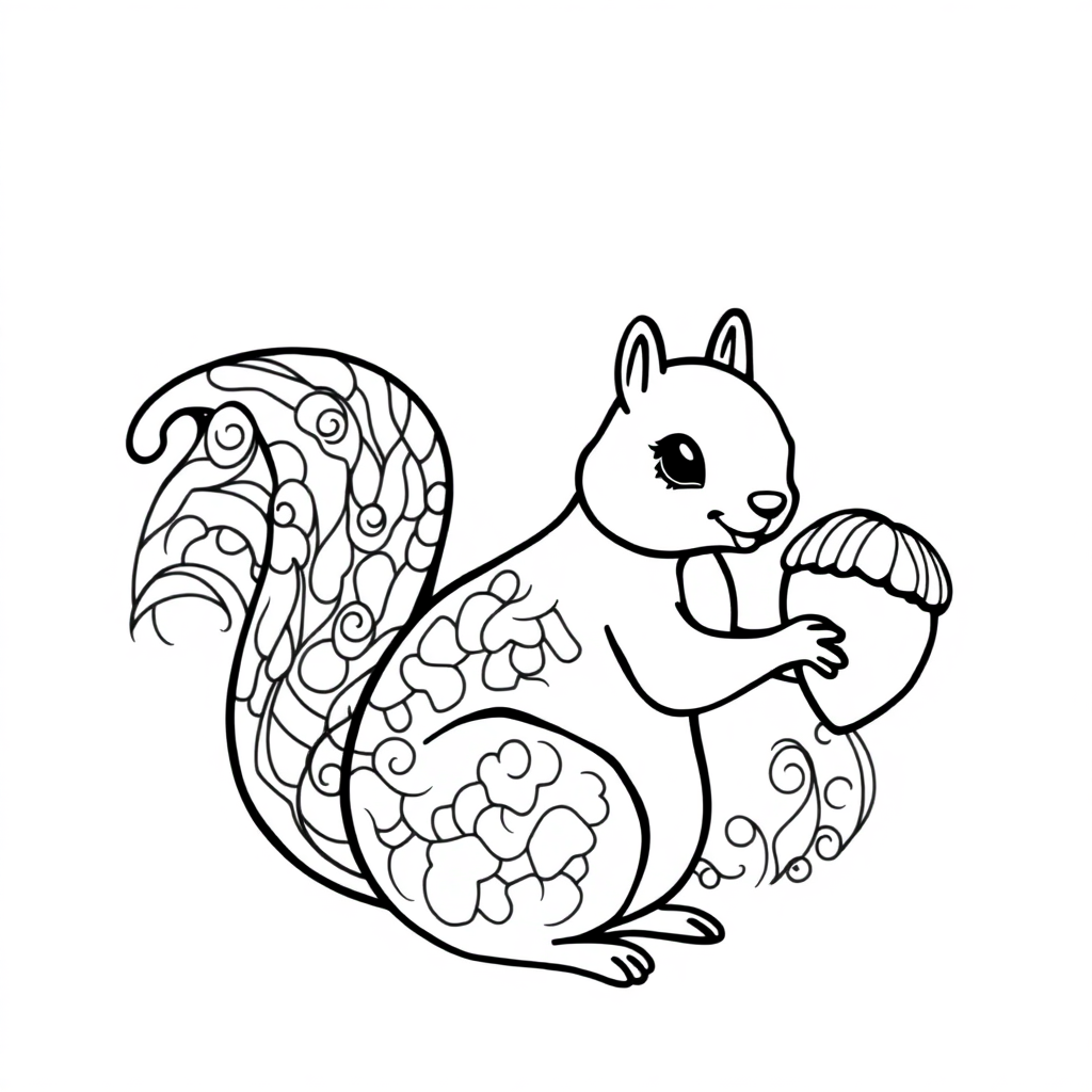 Zentangle Style Squirrel With Acorn Coloring Page
