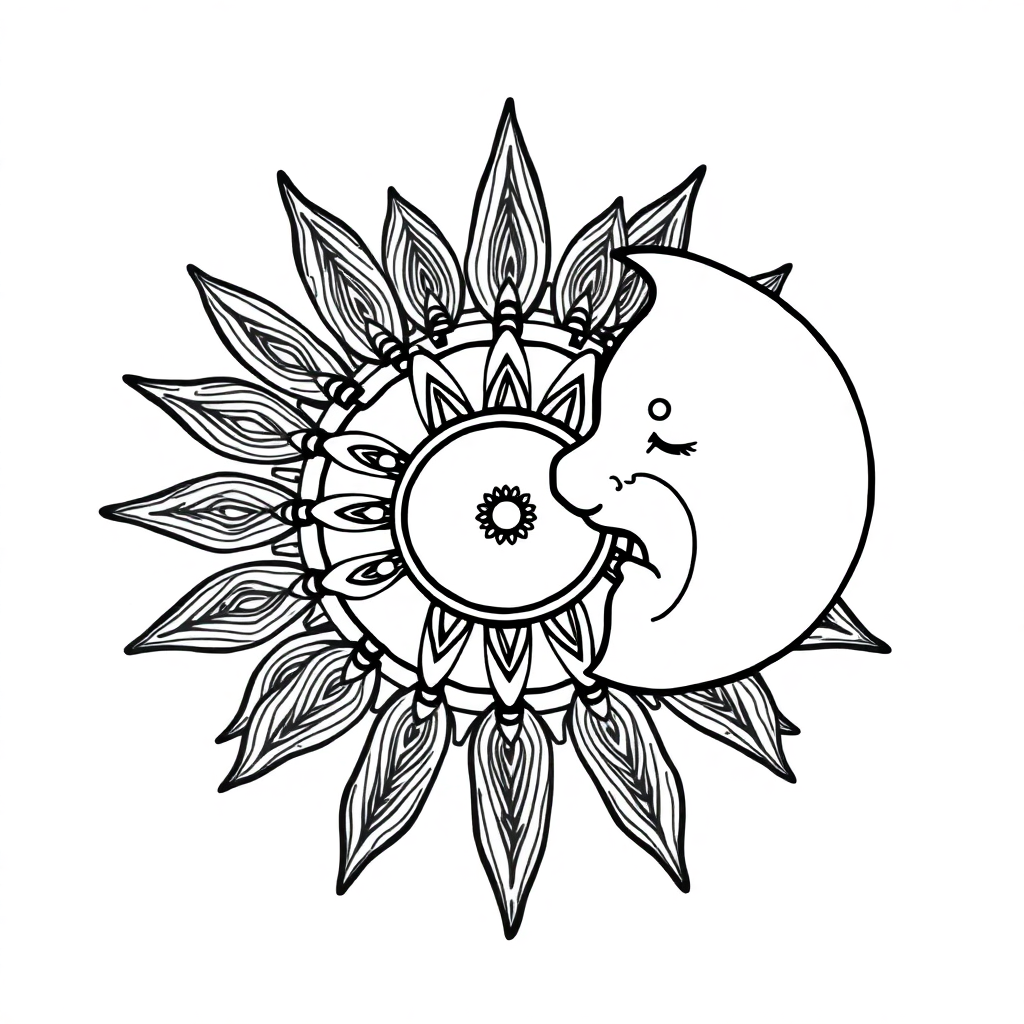 Zentangle Style Sun And Moon Mandala Coloring Page