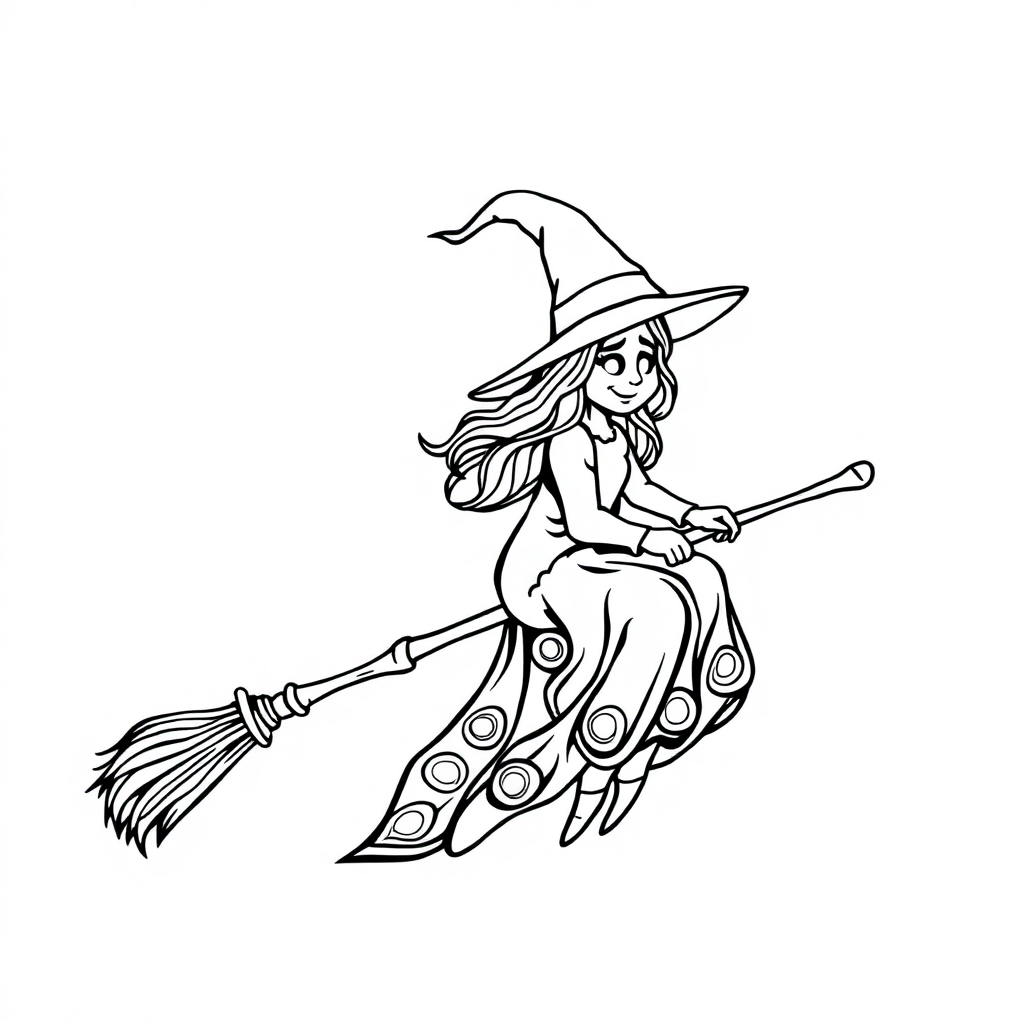Zentangle Style Witch On Broomstick Coloring Page