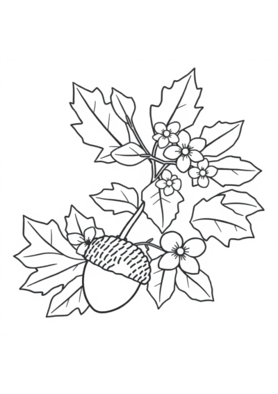 Acorn And Oak Leaves With Flowers Coloring Page