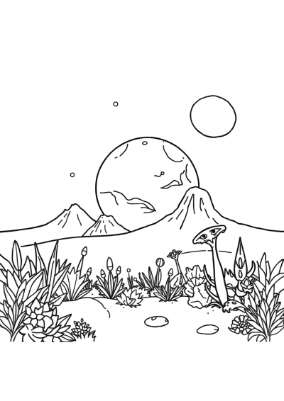 Alien Planet Landscape In Garden Coloring Page