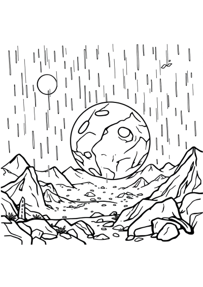 Alien Planet Landscape In Rain Coloring Page