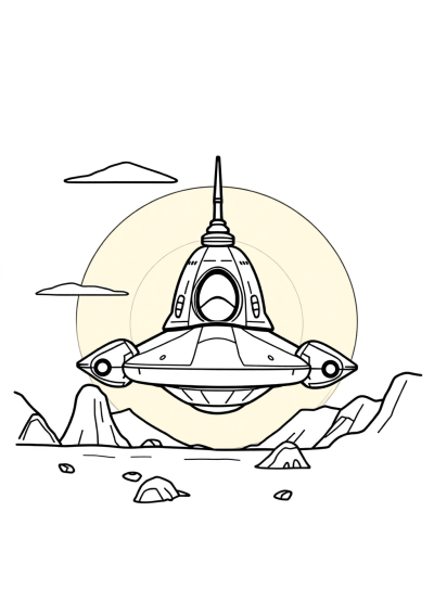 Alien Spaceship At Sunset Coloring Page