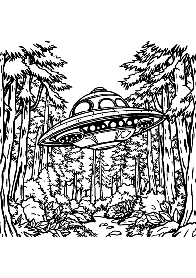 Alien Spaceship In Forest Coloring Page