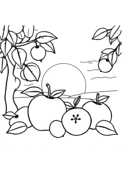 Apple And Fruits At Sunset Coloring Page