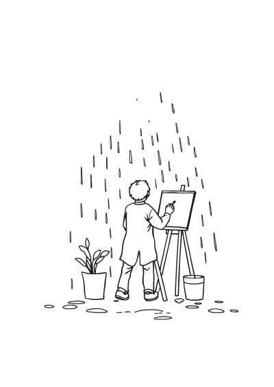 Artist Painting In Rain Coloring Page