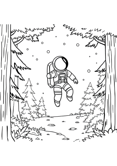 Astronaut Floating In Space In Forest Coloring Page