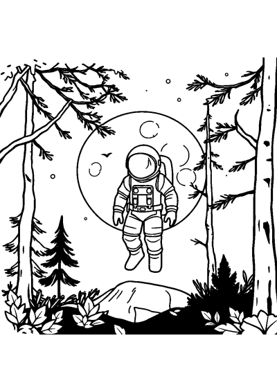Astronaut On Moon In Forest Coloring Page