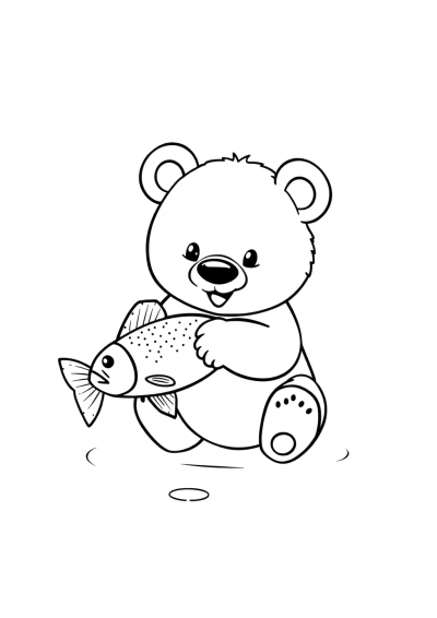 Baby Bear Catching Fish Coloring Page