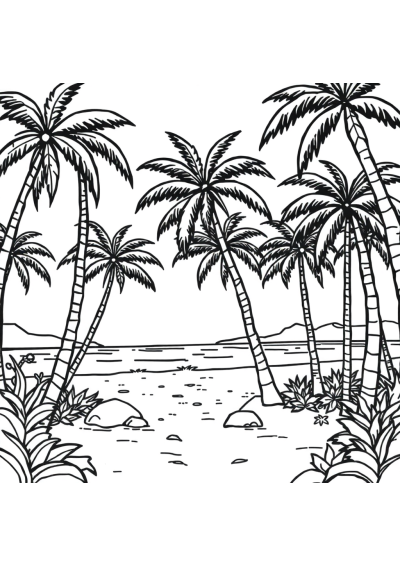 Beach With Palm Trees In Forest Coloring Page