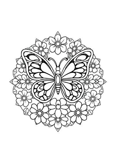 Butterfly Mandala With Flowers Coloring Page