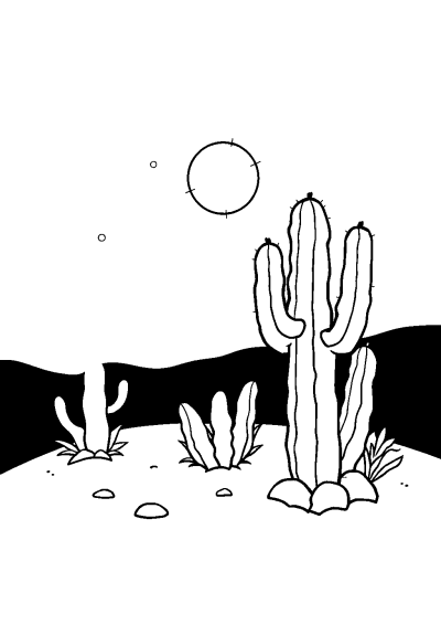 Cactus Desert At Night Coloring Page