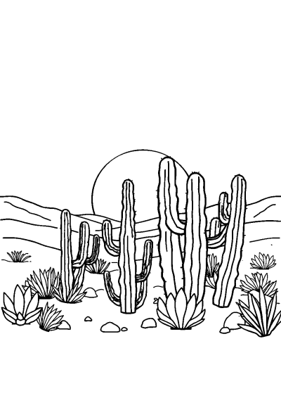 Cactus Desert At Sunset Coloring Page