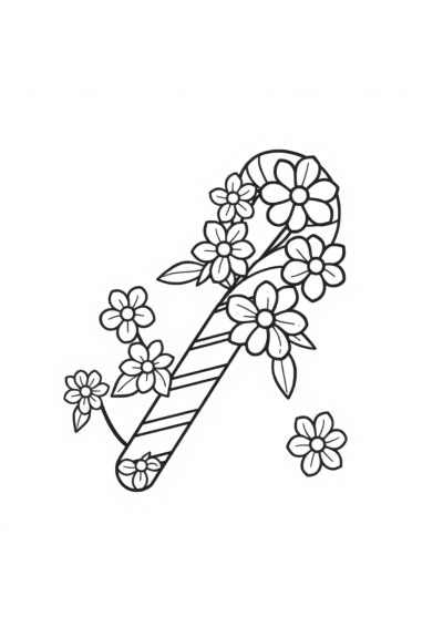 Candy Cane With Flowers Coloring Page