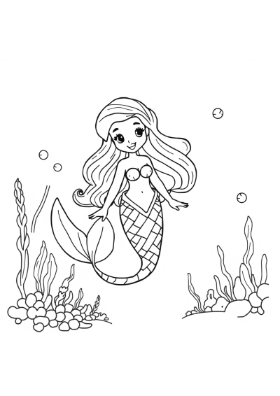 Cartoon Mermaid Underwater Coloring Page
