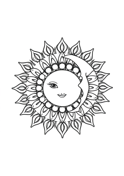 Cartoon Sun And Moon Mandala Coloring Page
