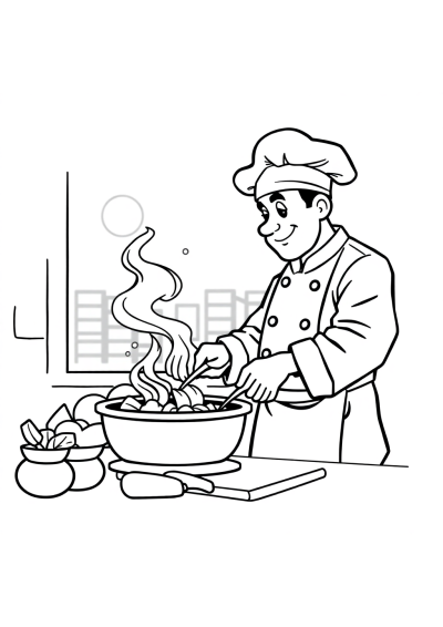 Chef Cooking At Night Coloring Page