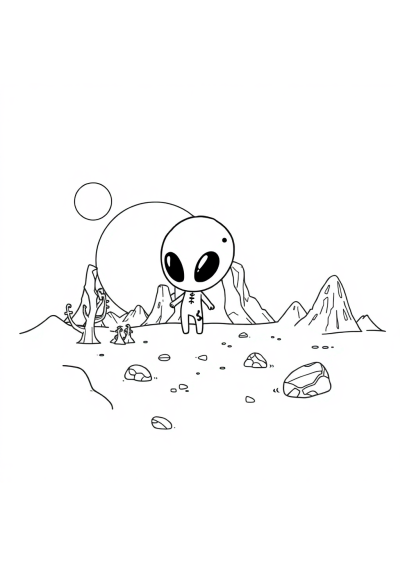 Chibi Alien Planet Landscape Coloring Page