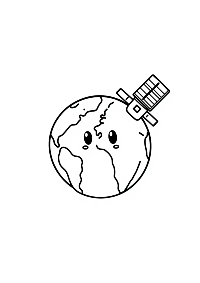 Chibi Satellite Orbiting Earth Coloring Page