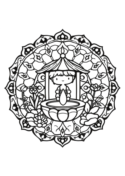 Chibi Zen Garden Mandala Coloring Page