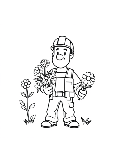 Construction Worker With Flowers Coloring Page