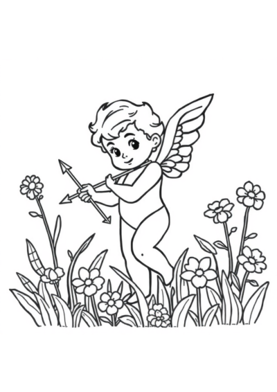 Cupid With Arrow In Garden Coloring Page