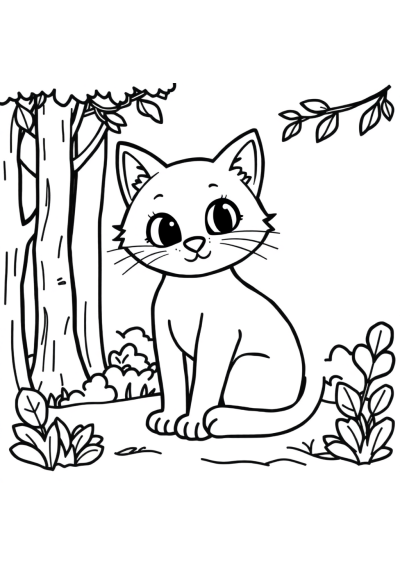Cute Cat Sitting In Forest Coloring Page