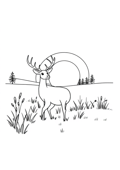 Deer In Meadow At Sunset Coloring Page
