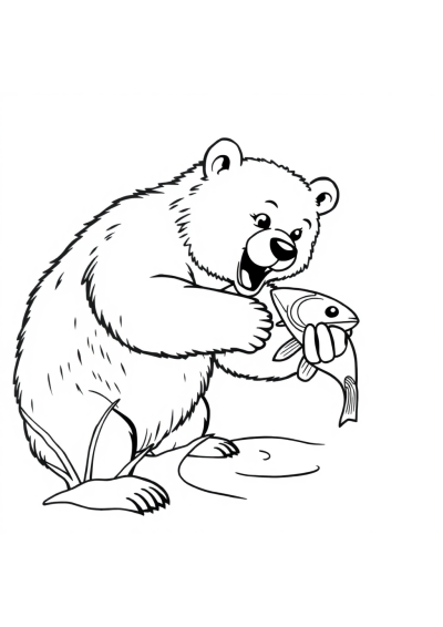 Detailed Bear Catching Fish Coloring Page
