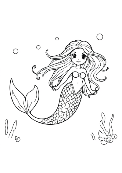Detailed Mermaid Underwater Coloring Page