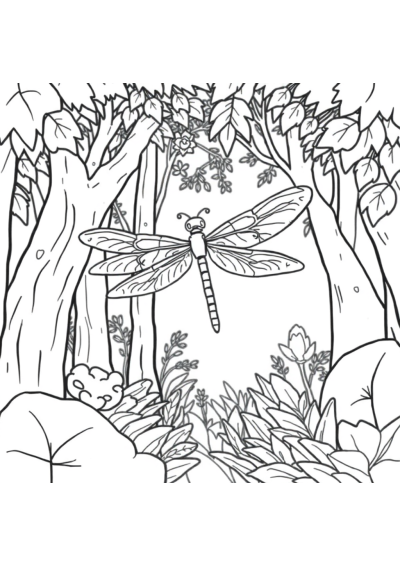 Dragonfly In Forest Coloring Page