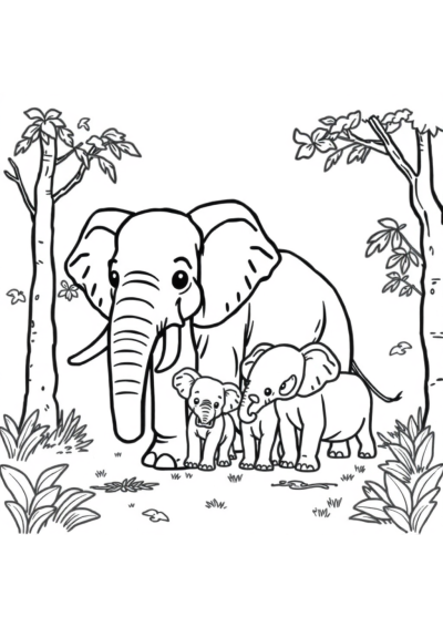 Elephant Family In Forest Coloring Page