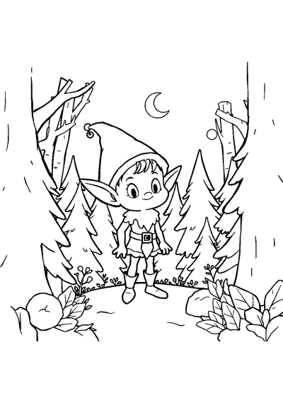 Elf In Forest At Night Coloring Page