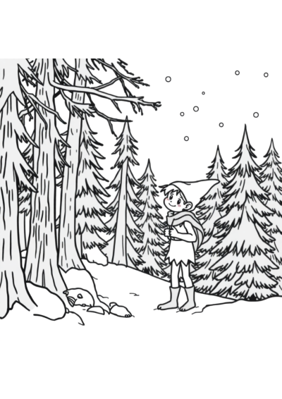 Elf In Forest In Winter Coloring Page