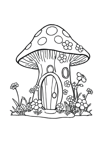 Fairy Mushroom House With Flowers Coloring Page