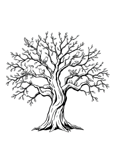 Fierce Tree With Birds Coloring Page