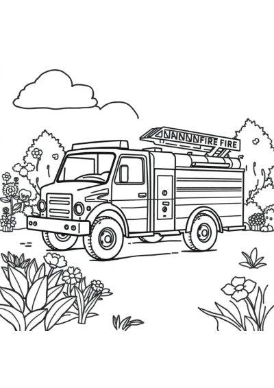Fire Truck In Garden Coloring Page