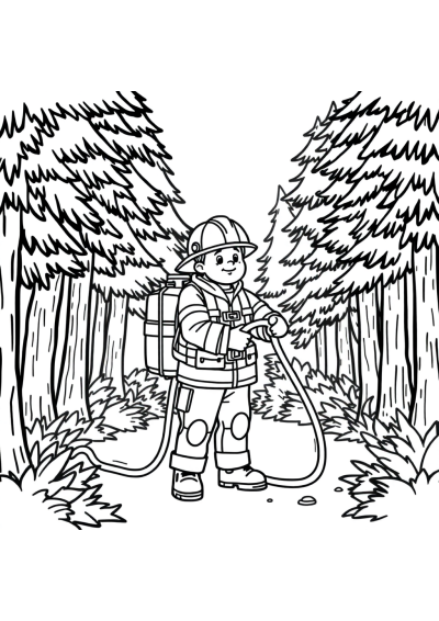 Firefighter With Hose In Forest Coloring Page