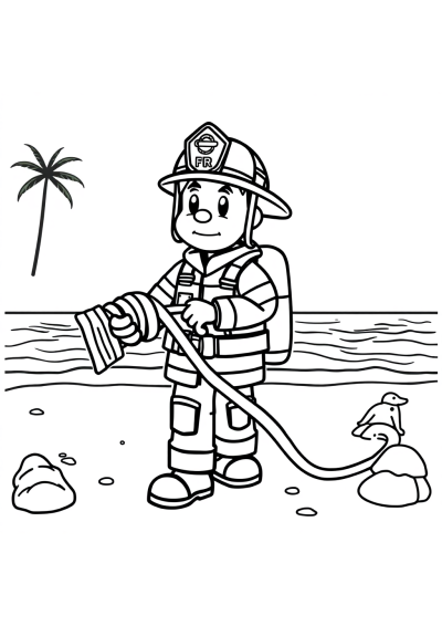 Firefighter With Hose On Beach Coloring Page