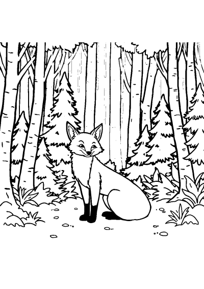 Fox In Forest In Rain Coloring Page