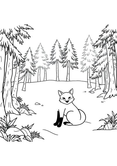 Printable Fox In Forest On Beach Coloring Page