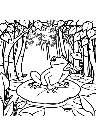 Frog On Lily Pad In Forest Coloring Page