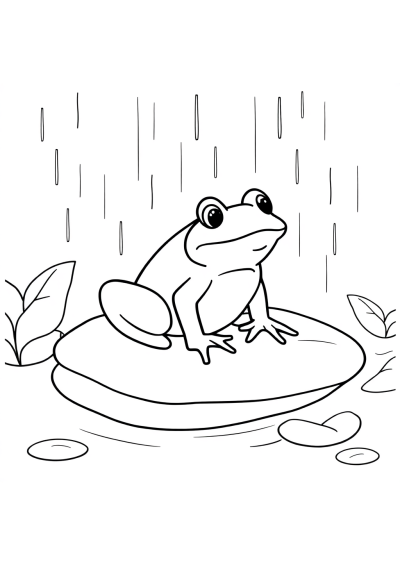 Frog On Lily Pad In Rain Coloring Page
