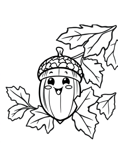 Funny Acorn And Oak Leaves Coloring Page