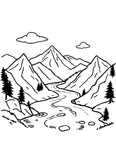 Funny River Through Mountains Coloring Page