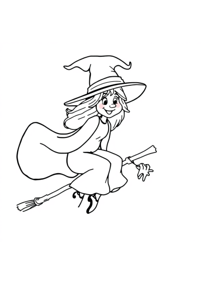Funny Witch On Broomstick Coloring Page