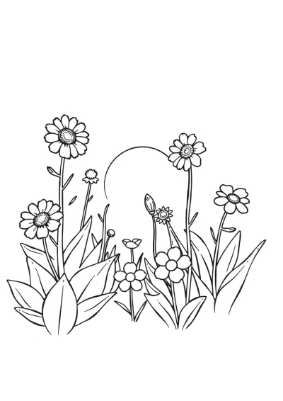 Garden Flowers At Sunset Coloring Page