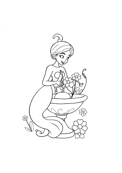 Genie From Lamp With Flowers Coloring Page